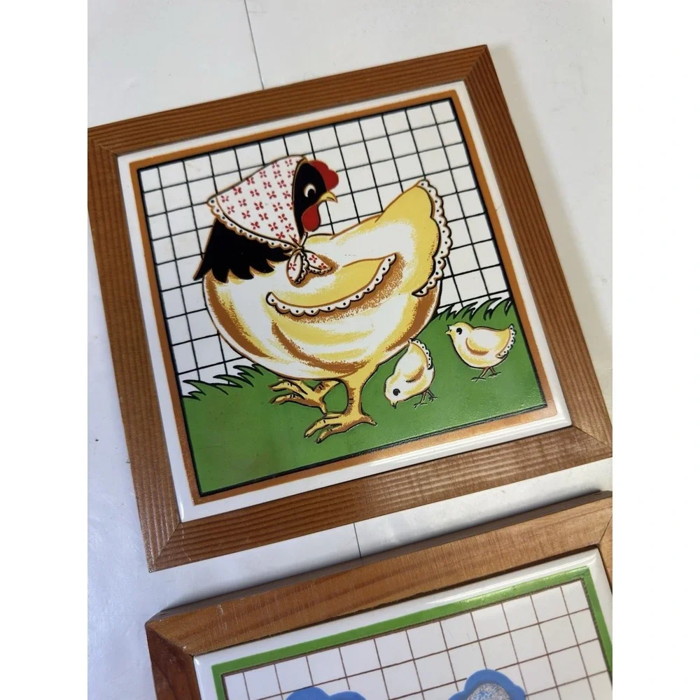 Ceramic Hen & Pig Wall Art Set 7x7 Farmhouse Country Kitchen Vintage